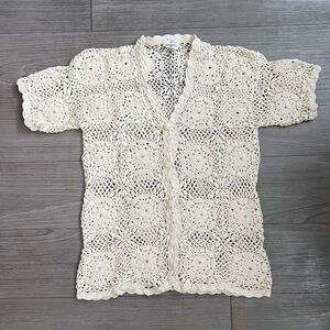 Vintage Hand Crochet Cream Short Sleeve Knit Button Front Cardigan Size M
